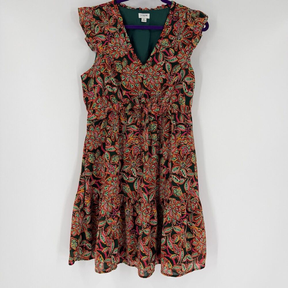 J Crew Colorful Floral Ruffle V Neck Casual Dress Size 10 Green Pink